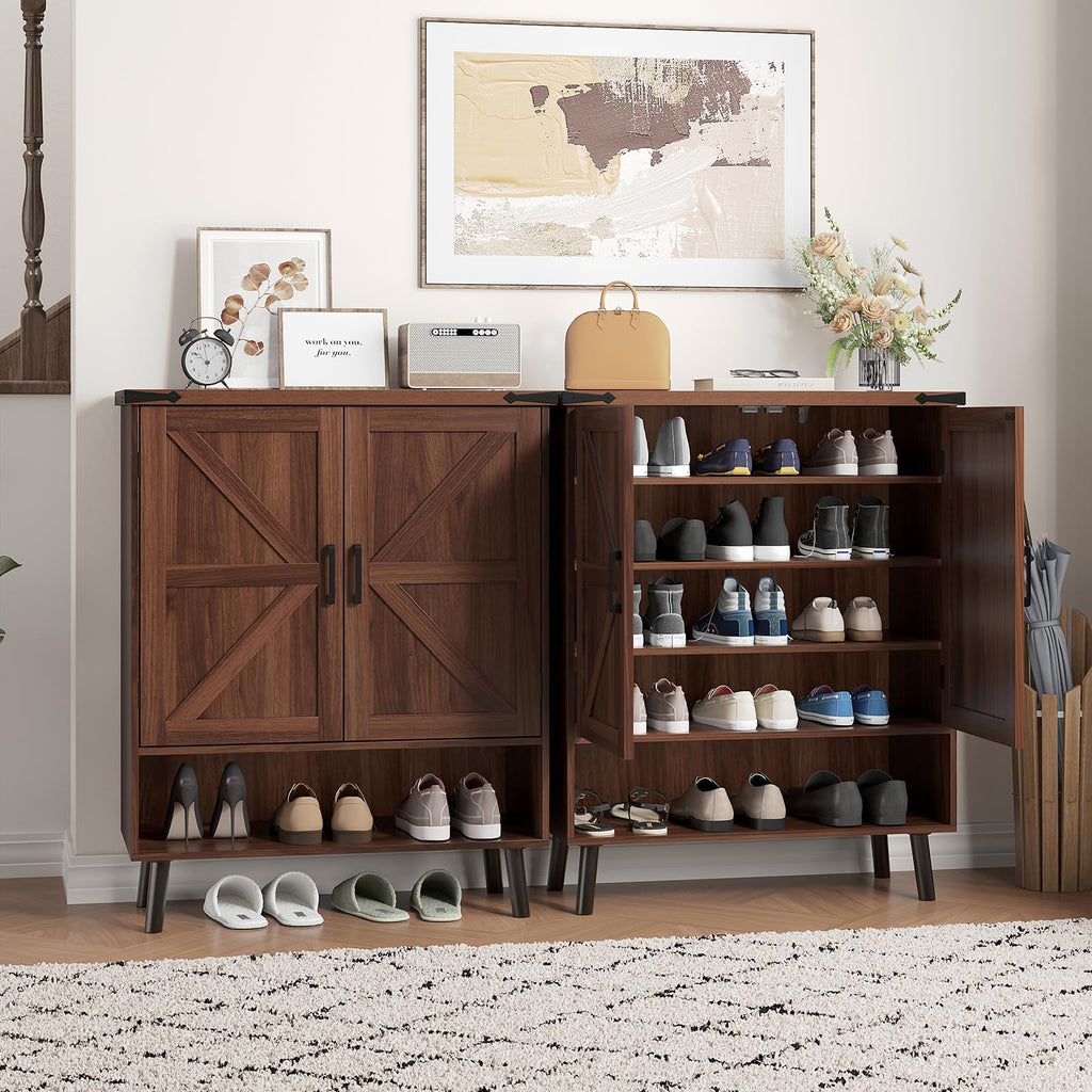 34" Tall Farmhouse Shoe Storage Cabinet with Barn Doors, Walnut