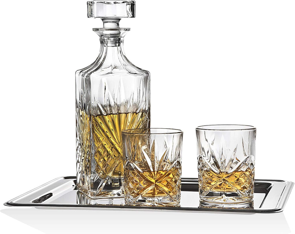 Dublin Whiskey Bar Set - Includes Whisky Decanter, 6 Old Fashioned Tumbler Glasses and Mirrored Display Tray - Set of 8