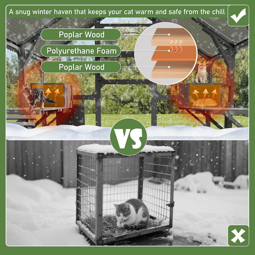 Large Outdoor Catio Cat Enclosure, 96 x 74 x 74 in Walk-in Pine Wood Cat House with 7 Platforms, 2 Resting Boxes