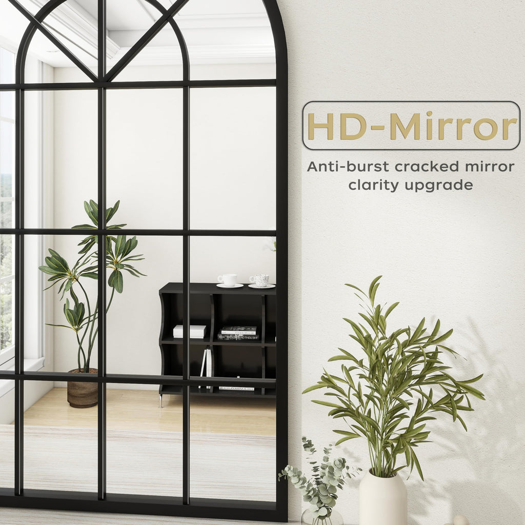 Arched Wall Mirror, 42"x24" Metal Frame Windowpane Mirror, Black