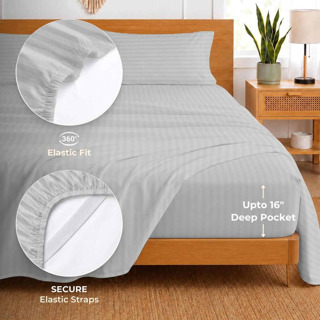 Striped Cotton Sheets 4 Piece 100% Egyptian Cotton 600 Thread Count Soft Bedding Luxury Hotel Sheets with 16" Deep