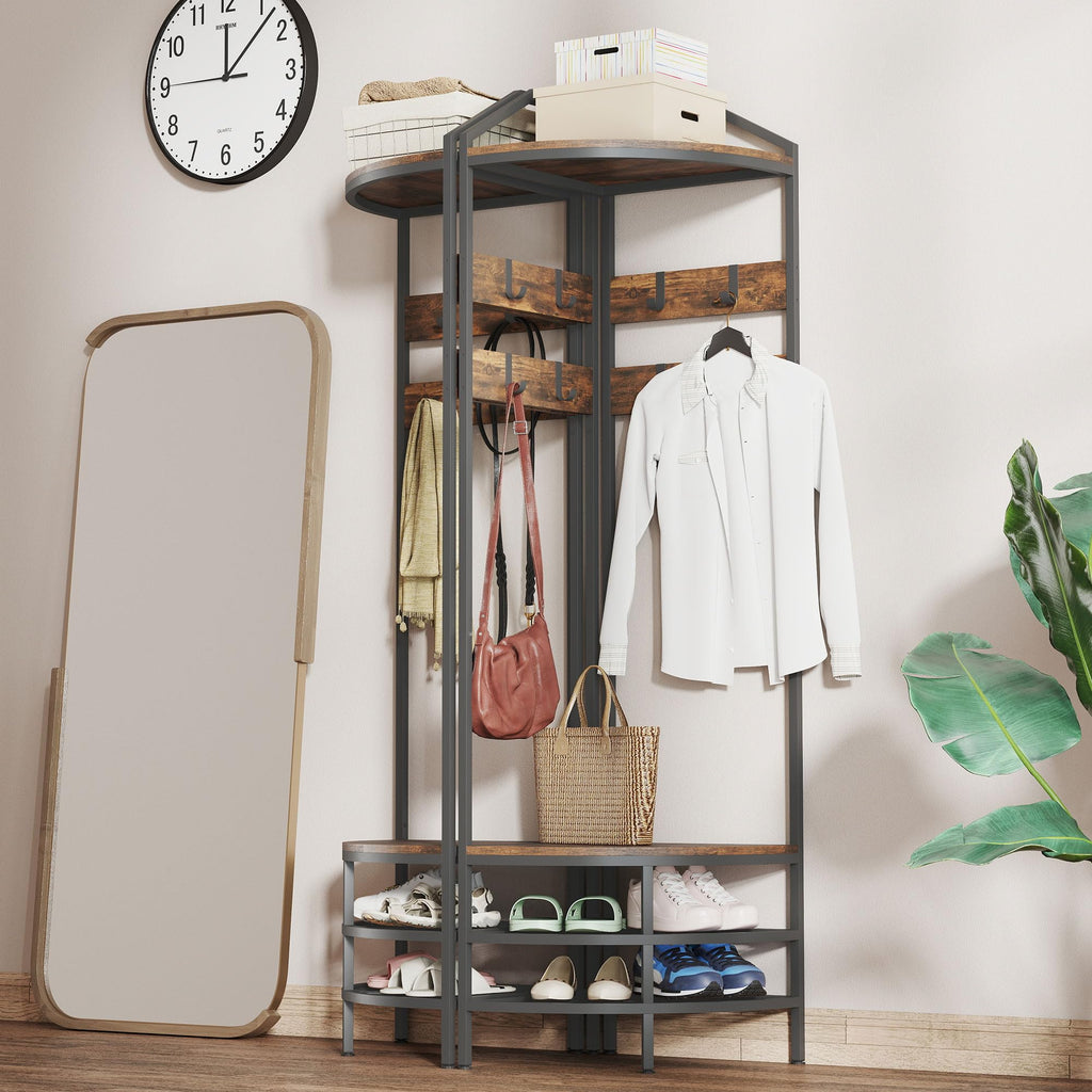 Corner Hall Tree, 4-Tier Coat Rack with Shoe Storage, Rustic Brown