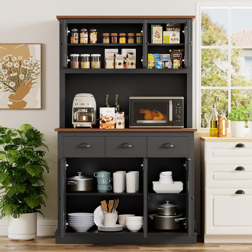 71" Kitchen Hutch with Charging Station, Tall Pantry Storage Cabinet with Microwave Stand, Adjustable Shelves, Slide