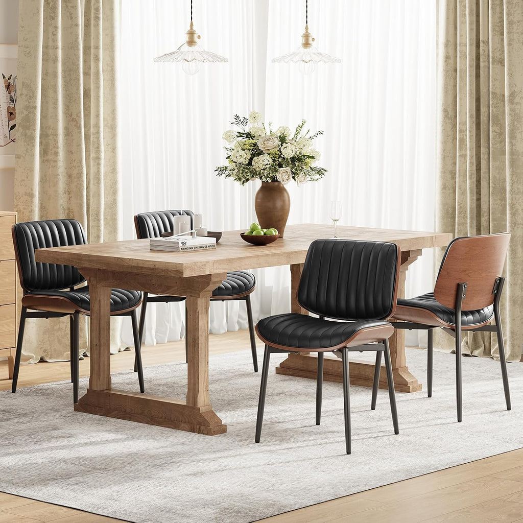 Leather Dining Chairs Set of 2, Modern Upholstered Dining Room Kitchen Chairs with Metal Legs and Wooden Back Support