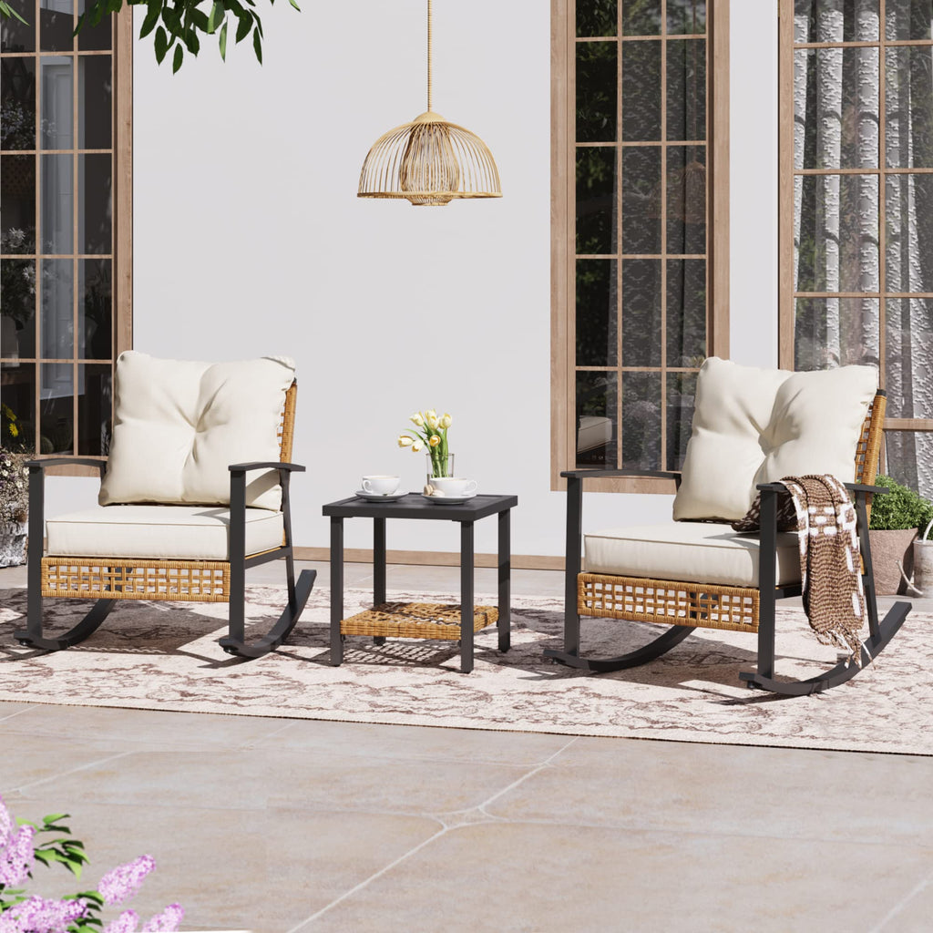 3-Piece Rocking Bistro Set, Outdoor Patio Furniture with Thick Cushions and 2-Tier Coffee Table, Oversize Rattan