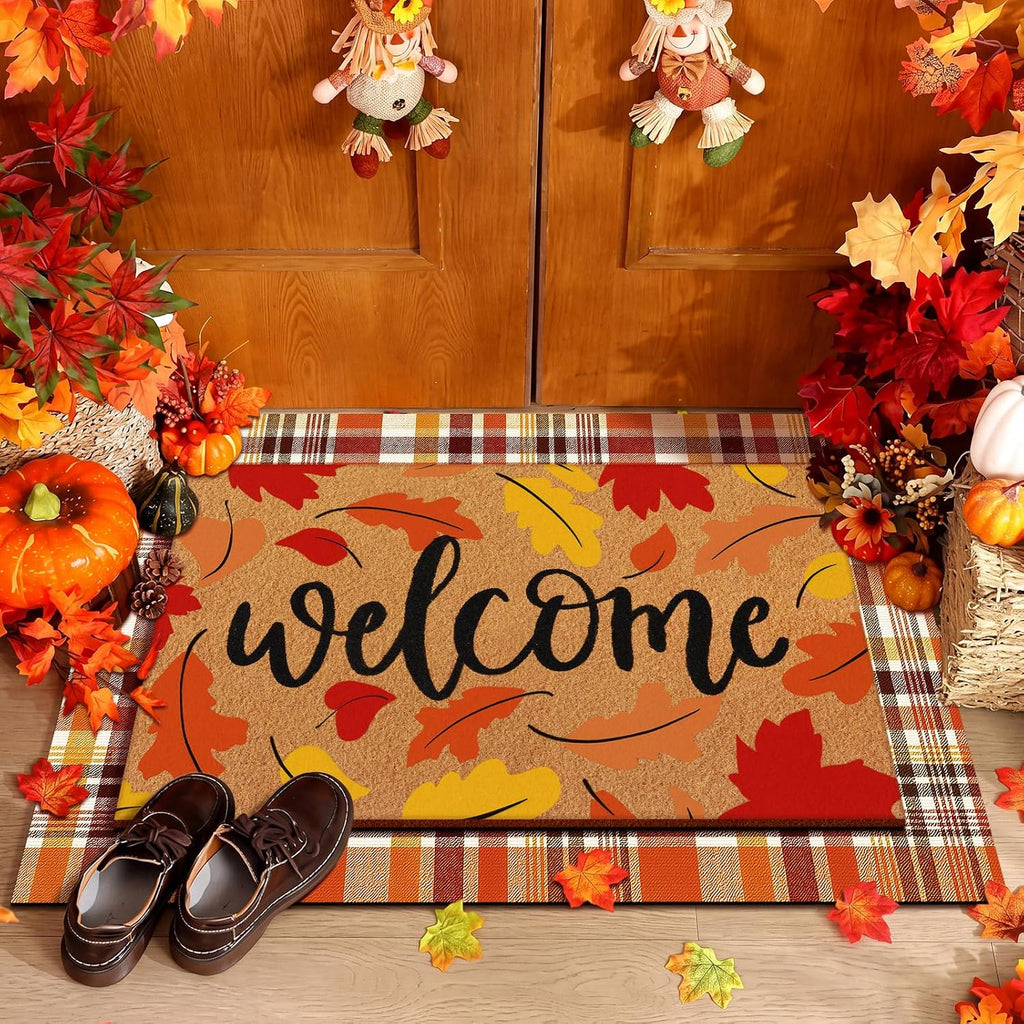 2 Pcs Fall Leaves Layered Doormats Fall Coir Welcome Mat | Non-slip Autumn Door Mat, Brown and White Plaid Rug