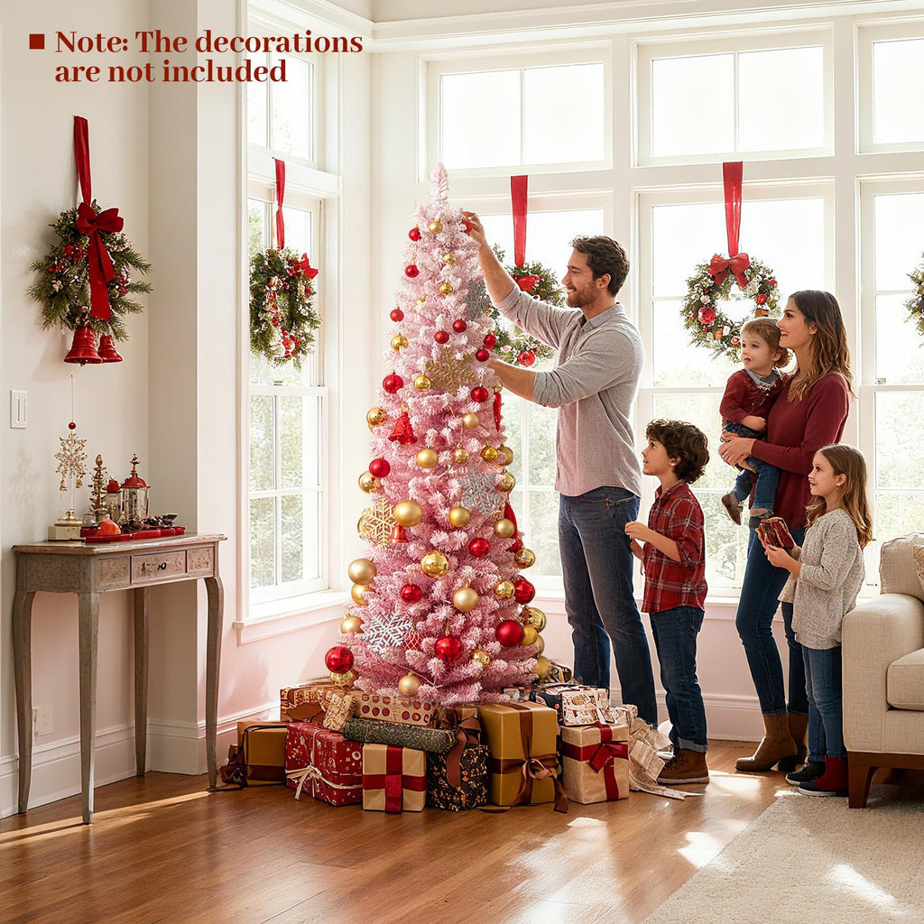 6ft Pink Flocked Christmas Tree, Pre-lit Slim Pencil Xmas Tree