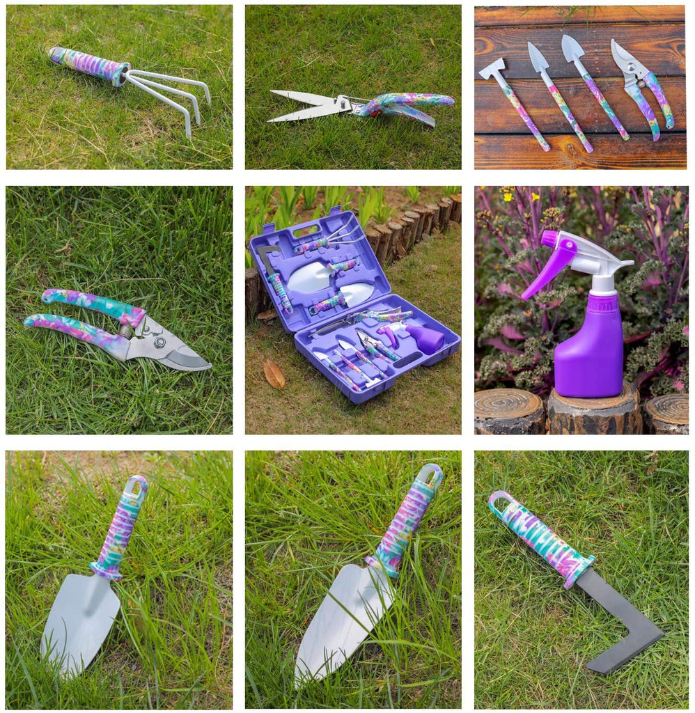 Gardening Tools, 10 Pieces Garden Tools with Floral Print, Ergonomic Handle Trowel Rake Weeder Pruner Shears