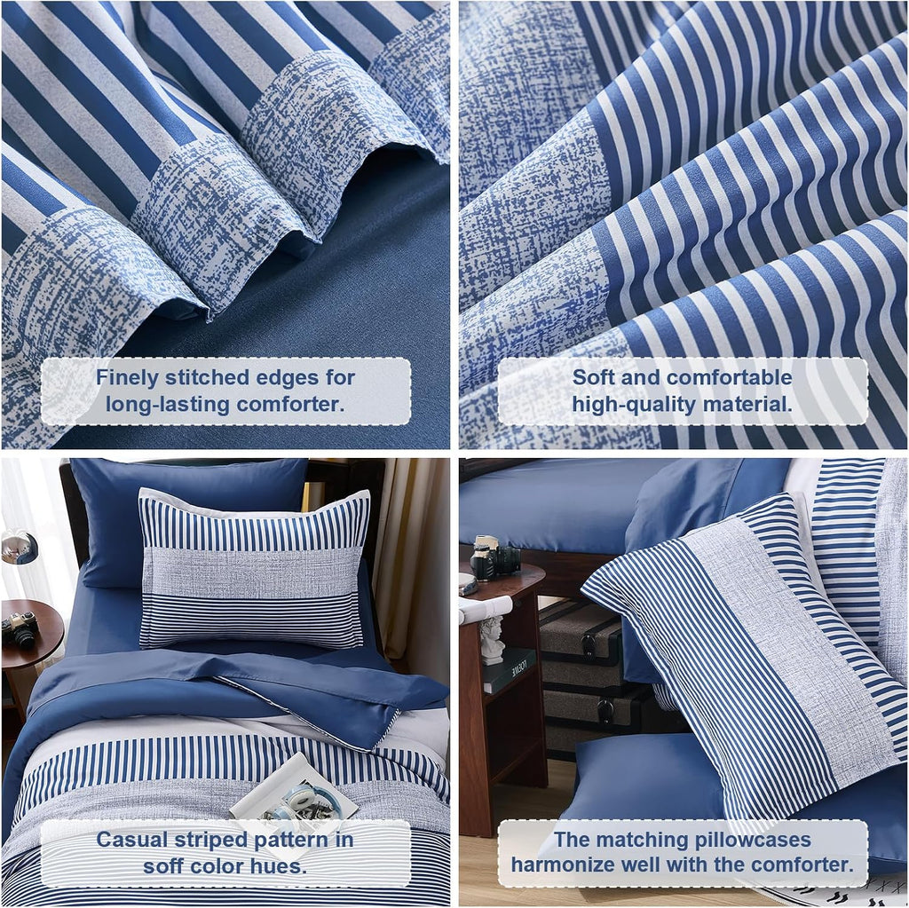 Twin Comforter Navy Blue Striped Comforters for Boys&Girls,5 Pieces Bed in A Bag Simple Neutral-Style Bedding Sets