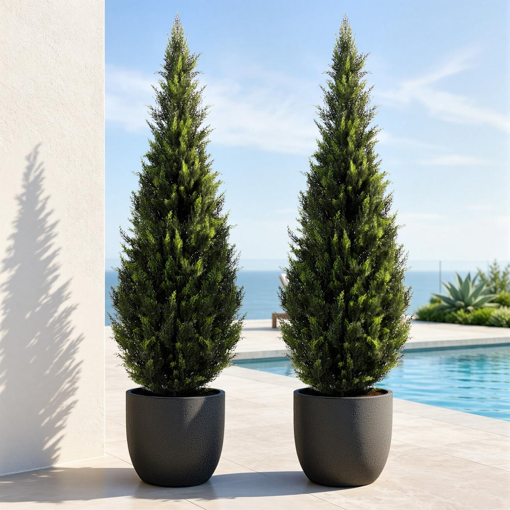 Artificial Cedar Topiary Trees, 5 FT UV Resistant Faux Boxwood Plants, Front Porch Decorations Outdoor, Realistic