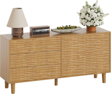 61" Wood Modern Sideboard Buffet Cabinet with Undulating Fluted Design, 3 Drawers & 2 Doors Kitchen Storage Cabinet