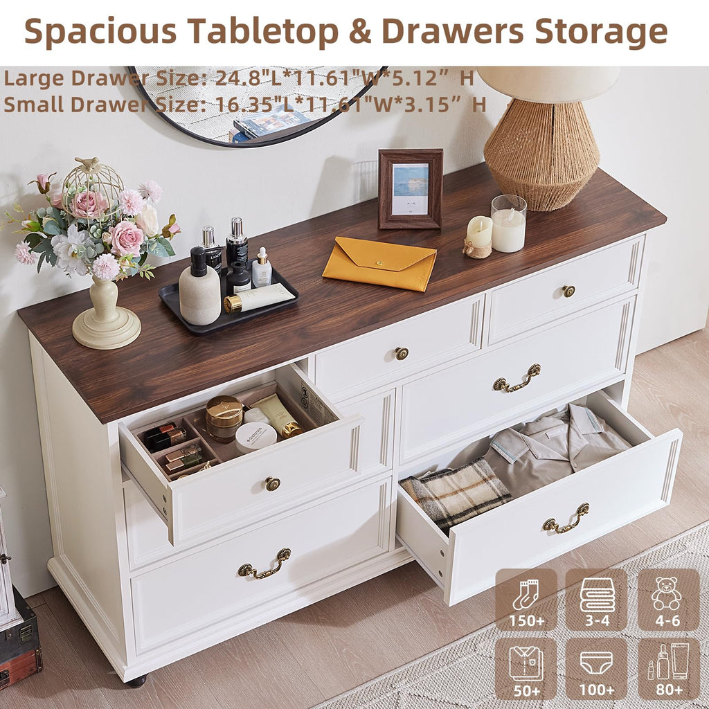 Farmhouse 7 Drawers Sets of 2, White 54 Inch Wide Chest of Drawers w/ 4 Wooden Legs, Large Vintage Rustic Closet