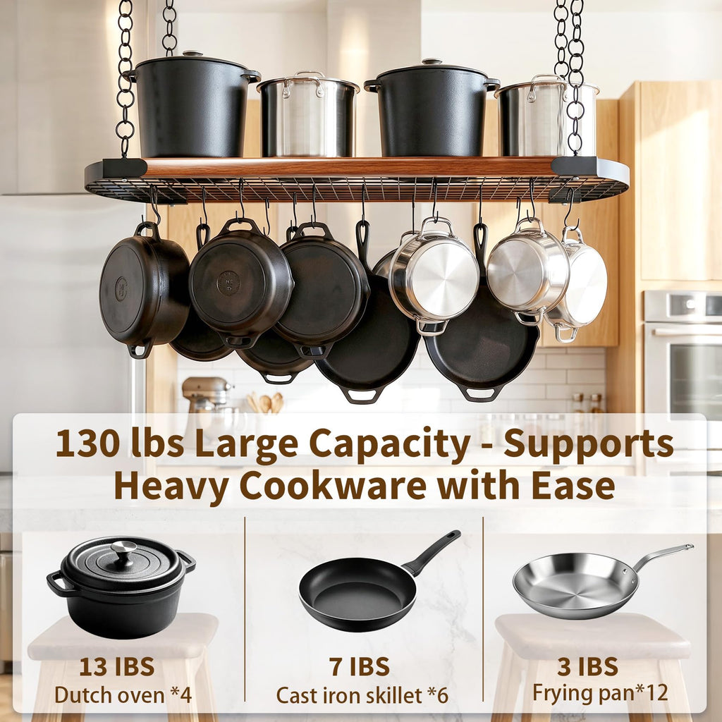 48 Inch Large Hanging Pot Rack Ceiling Mount,Heavy Duty Pot and Pan Rack with 20 Hooks,130 lbs Capacity Ceiling