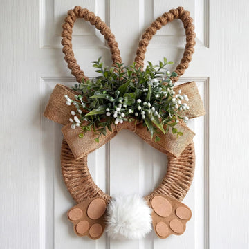 18 Inch Easter Bunny Wreath Spring Artificial Flower Rabbit Rattan Wreath with Rabbit Tail Feet Green Twig