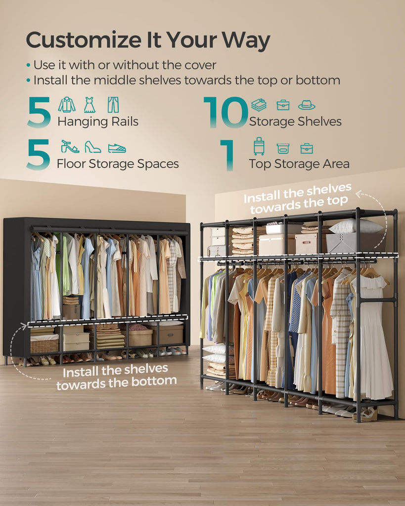 Wardrobe Closet, Fabric Cover, 5 Hanging Rails, 10 Shelves