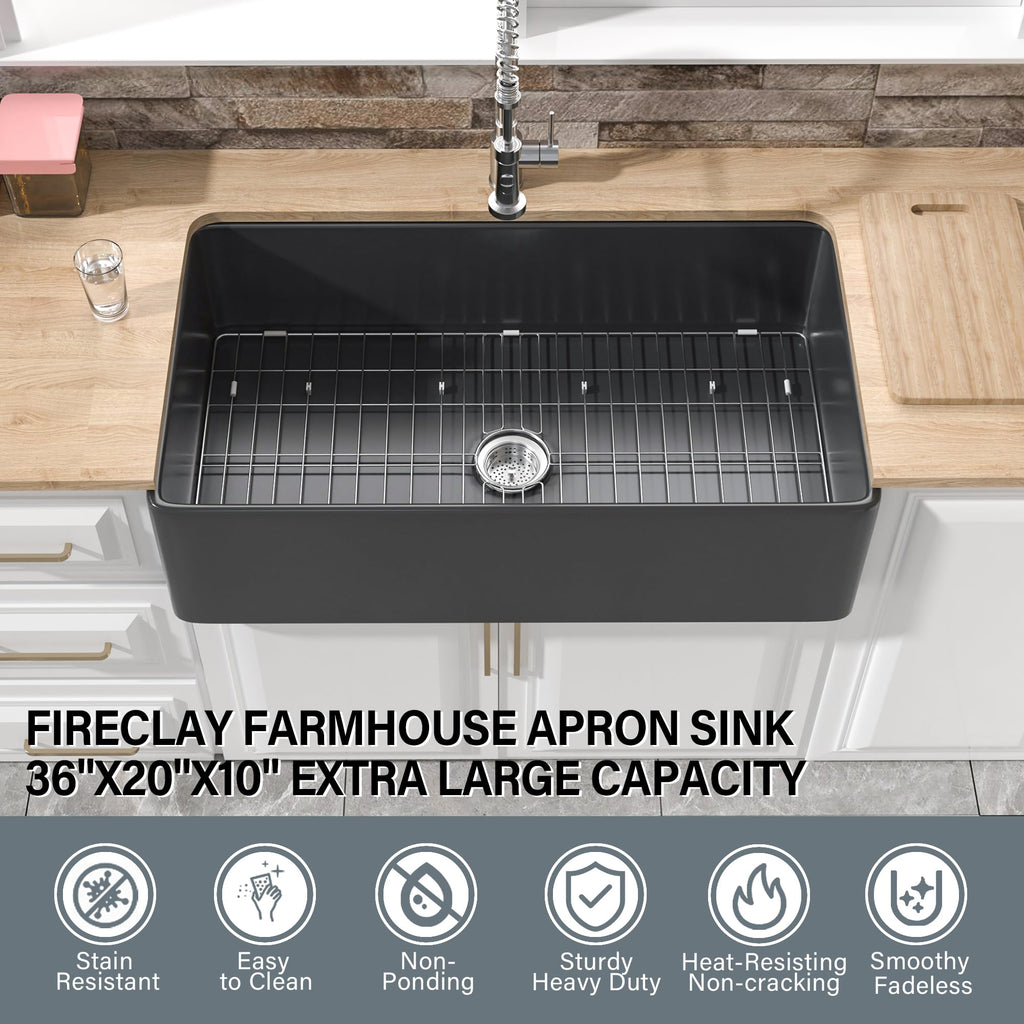 36" x 20" Fireclay Apron Front Farmhouse Sink Black