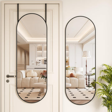 47 x 16 in Arched Over-The-Door Full-Length Mirror, Tempered Glass, Aluminum Frame - Black
