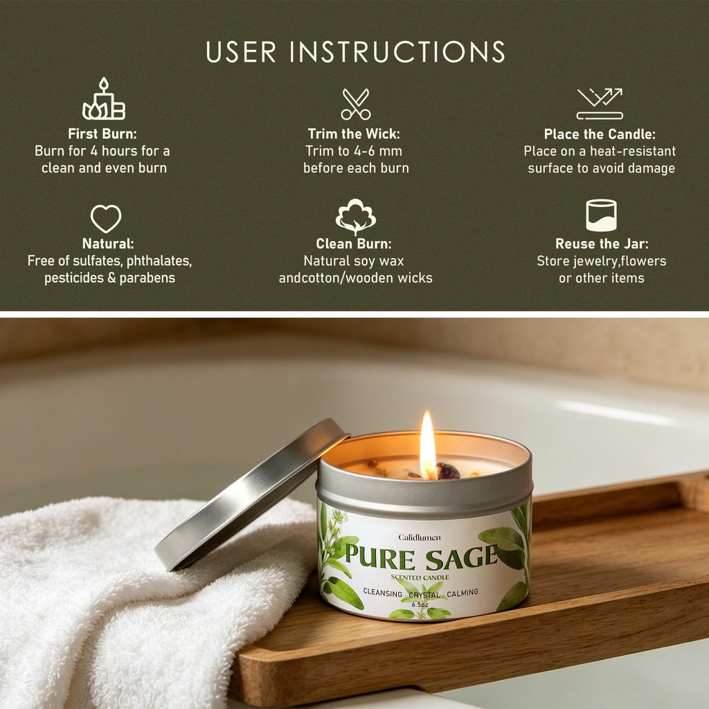Pure Sage Candle for Cleansing - 2Pc Soy Scented Candle with Crystals & Sage Leaves Inside, House Negative Energy