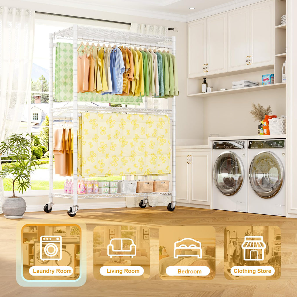 Rolling Clothes Rack, Clothing Racks for Hanging Clothes, White