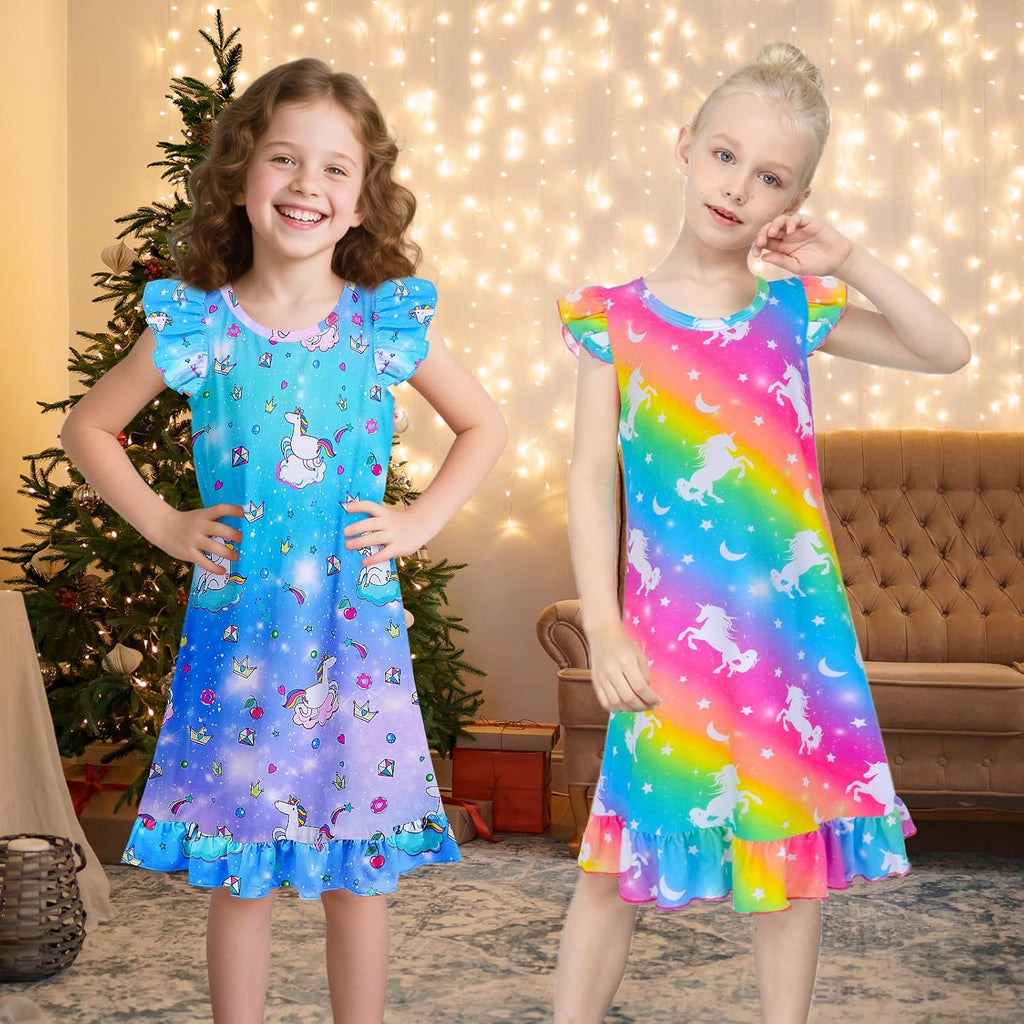 2pcs Girls Nightgowns, Unicorn Nightgown Princess Pajama Dresses for Girls Sleepwear Nightie