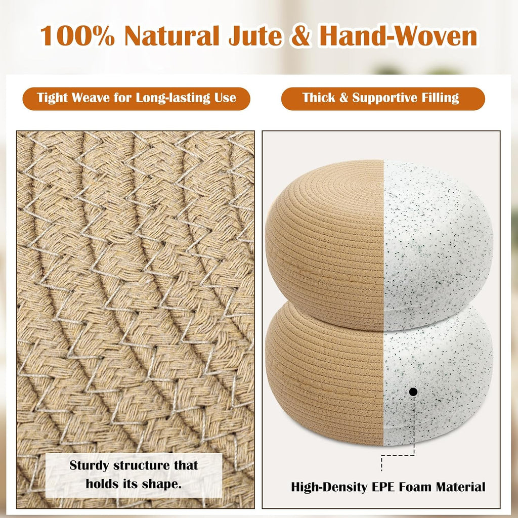 2 Pcs Round Cotton Knitted Low Pouf Ottoman | Braided Floor Seating Cushion, 16" x 16" x 8" Natural Foot Rest Stool