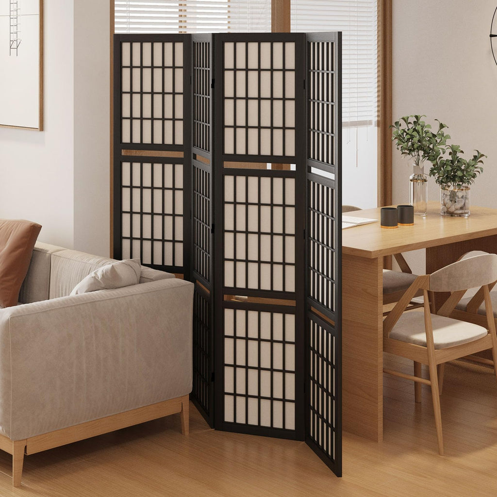 Room Divider with Shelves, 66.9-Inch Tall Japanese Shoji Style Wood Screen with Double Hinges Bedroom Hotel