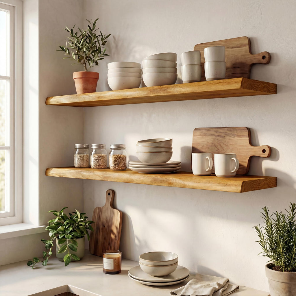 48" Live Edge Floating Shelf, Solid Elm Wood Wall Shelf