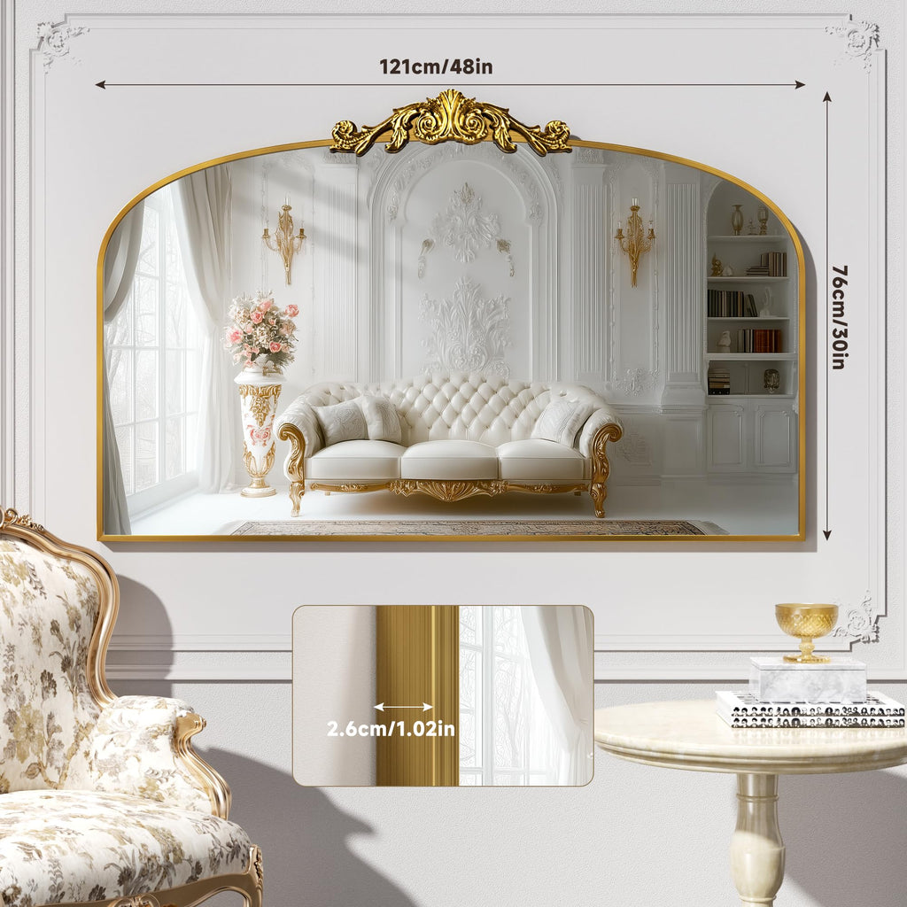 Vintage Arched Bathroom Mirror, 48"x 30" Retro Wall Mounted Vanity Mirror with Carved Pattern Top and Aluminum Frame