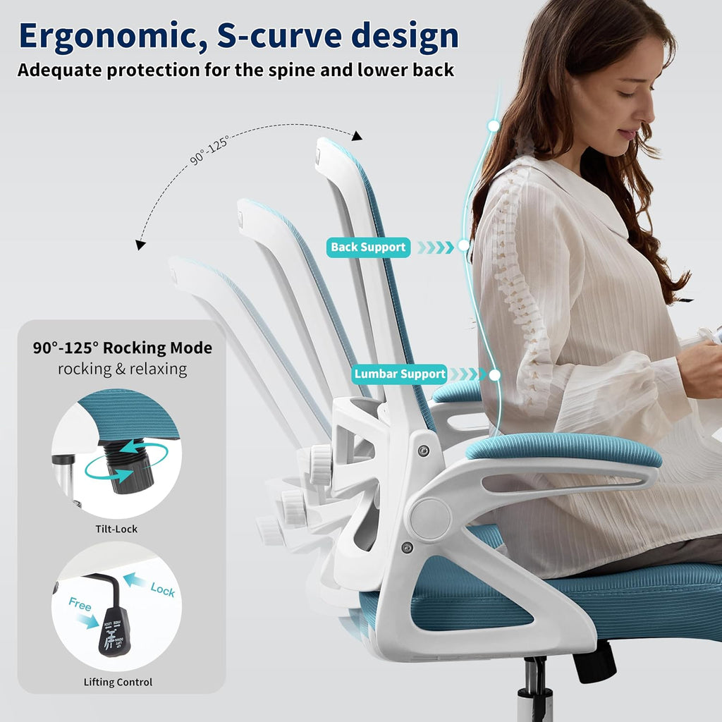 Ergonomic, Desk Chair with Adjustable Lumbar Support, Breathable Mesh Comfy Computer Chairs with Flip-up Armrests