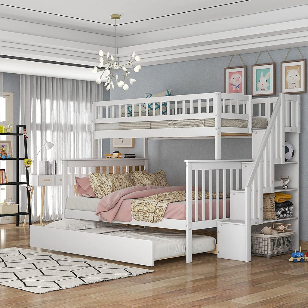 Wood Twin Over Full Bunk Bed with Trundle and Stairs