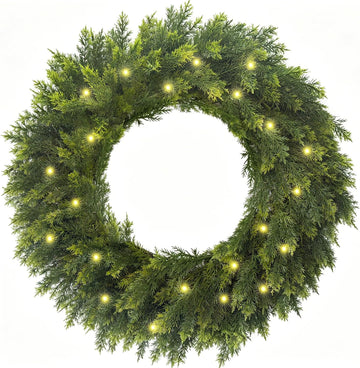 30 Inch Real Touch Lighted Christmas Cedar Wreath for Front Door | Artificial Greenery Foldable Wreath with Lights