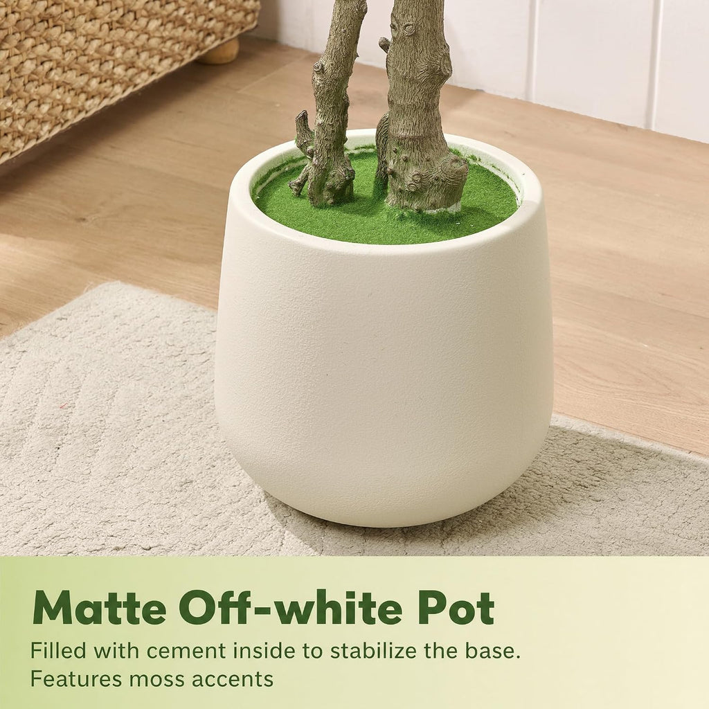 6FT Artificial Ficus Tree, Large Faux Fig Tree with Realistic Silk Leaves & Natural Wood Trunk, White Planter