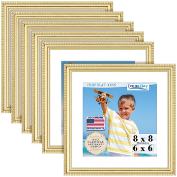 8x8 Picture Frames with 6x6 Mat, Gold, 6 Pack, Contemporary, Inspirations