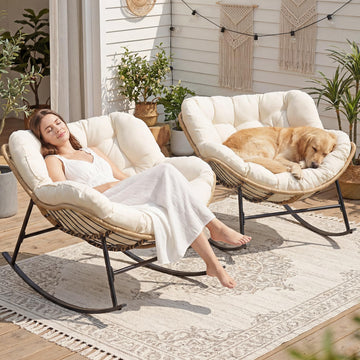 2 PCS Rocking Egg Chair Set, Outdoor Oversized Papasan Lounge Chair