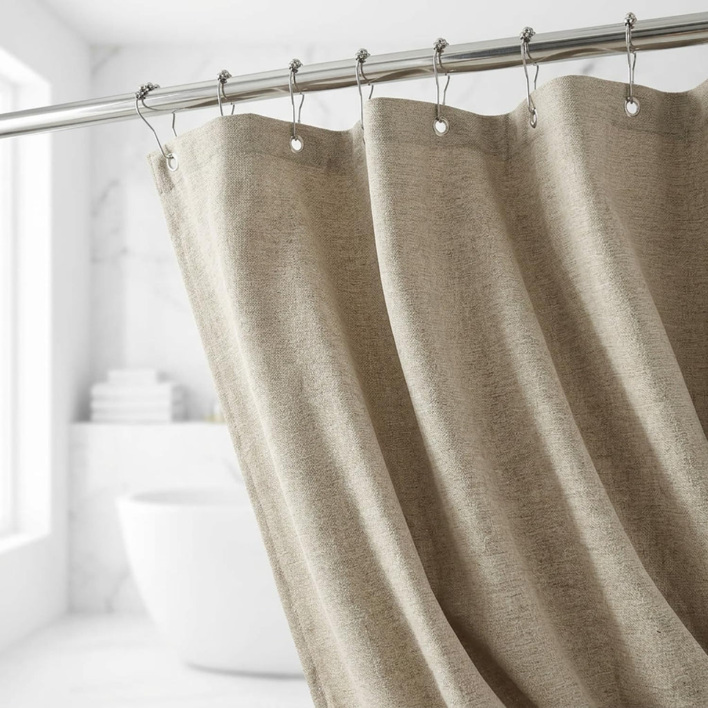 Linen Shower Curtain with 12 Metal Hooks,Country Boho Farmhouse Bath Decor Brown Shower Curtains Bathtub