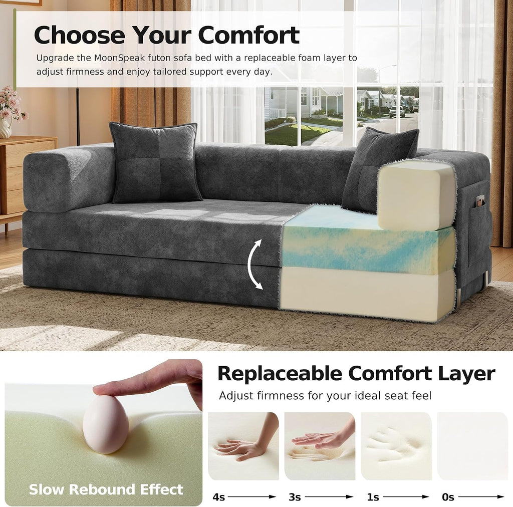 79" Convertible Sofa Bed, Boneless Couch . | Velour Futon Sofa Bed, Folding Sleeper Couch with Storage Pocket and 2
