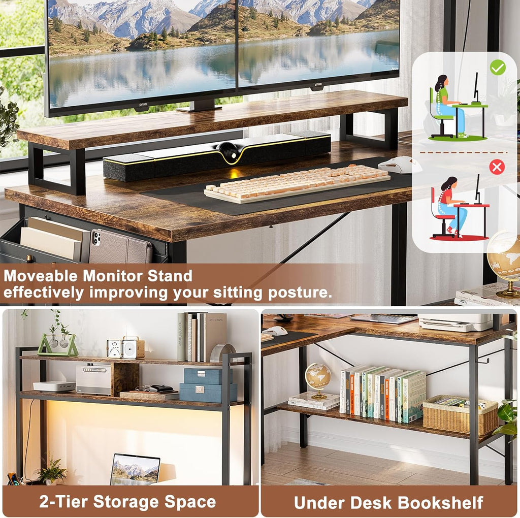 L Shaped Gaming Desk with Power Outlets & LED Lights, Rustic Brown | Small L- Shaped Desk Computer Corner Desk with