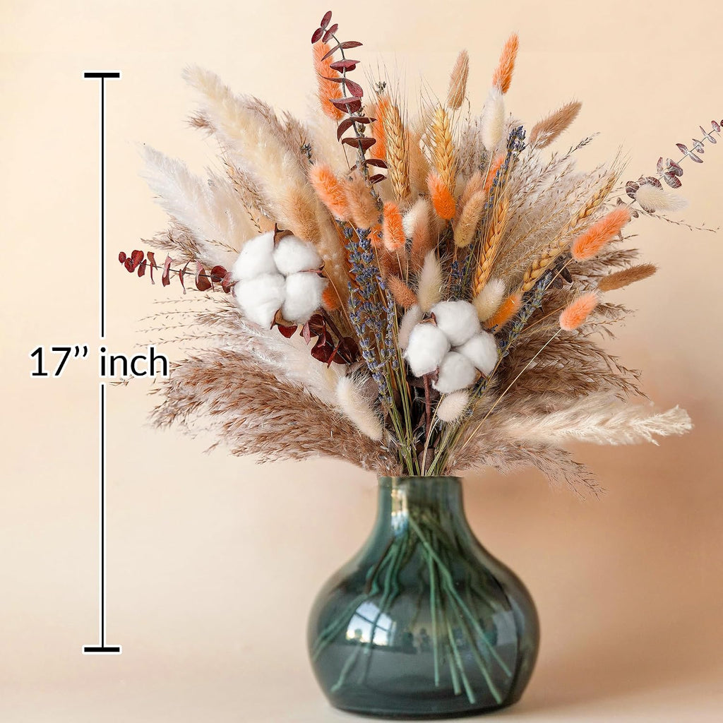 Fall Dried Flower Bouquet - Boho Fall Decor with Pampas Grass, Cotton, and Orange Bunny Tails - Autumn Floral - Set of 100
