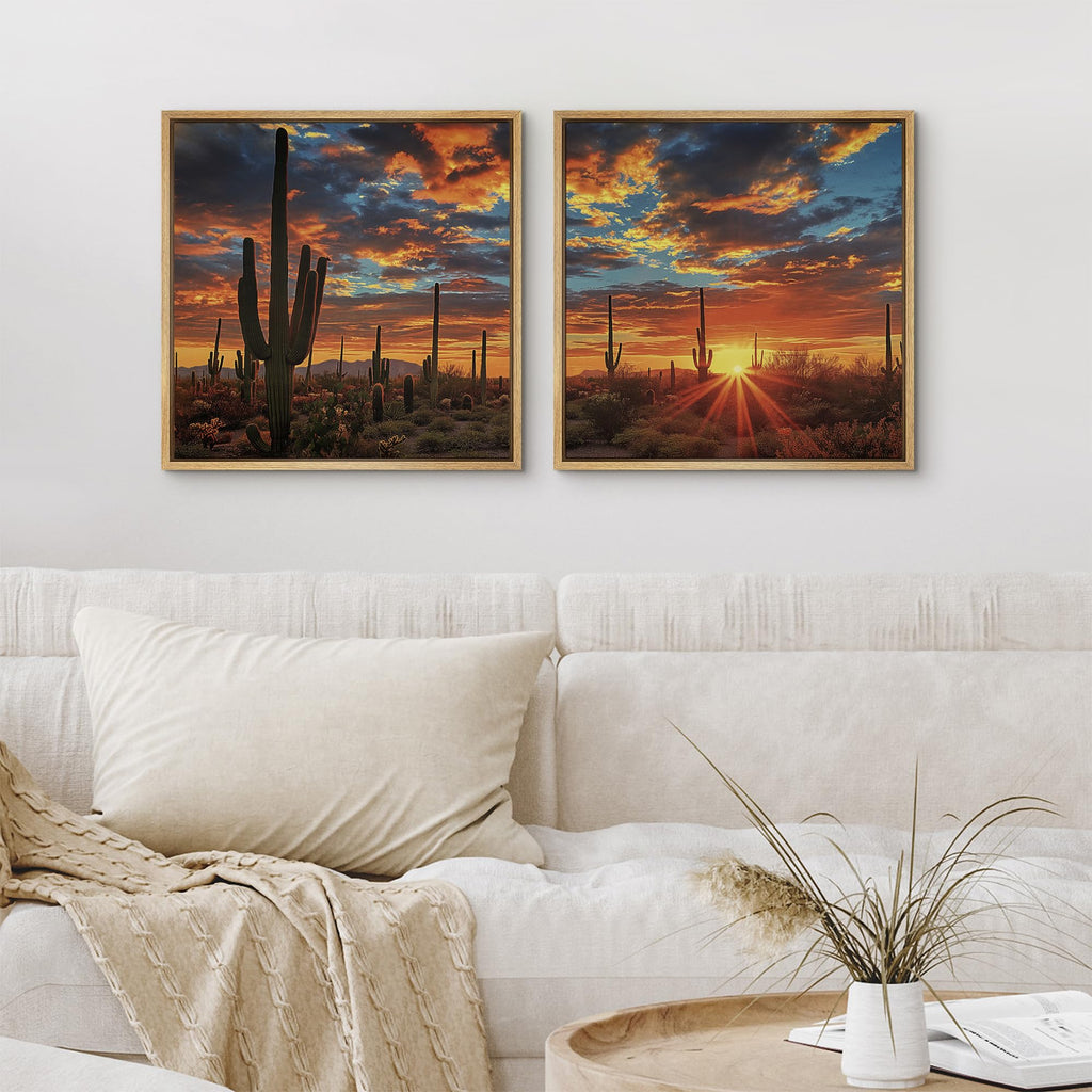 Framed Canvas Print Wall Art Set Desert Sunset Cactus Artwork, Dramatic Sky Southwest Landscape Illustrations Modern