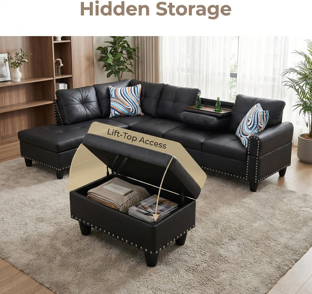 Leather 3-Piece L-Shaped Couches for Living Room, Sectional Sofa with Storage Ottoman & Movable Chaise