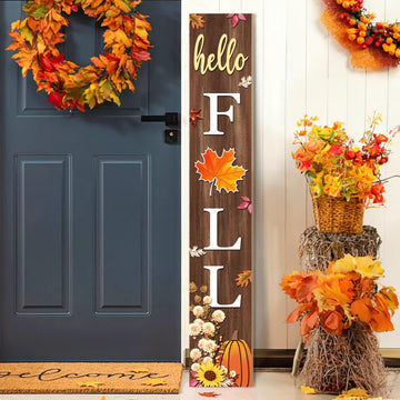 Hello Fall Porch Sign, Maple Sign for Front Porch, Dahlia Sunflower Wooden Sign Yard, Vertical Wood Sign Standing