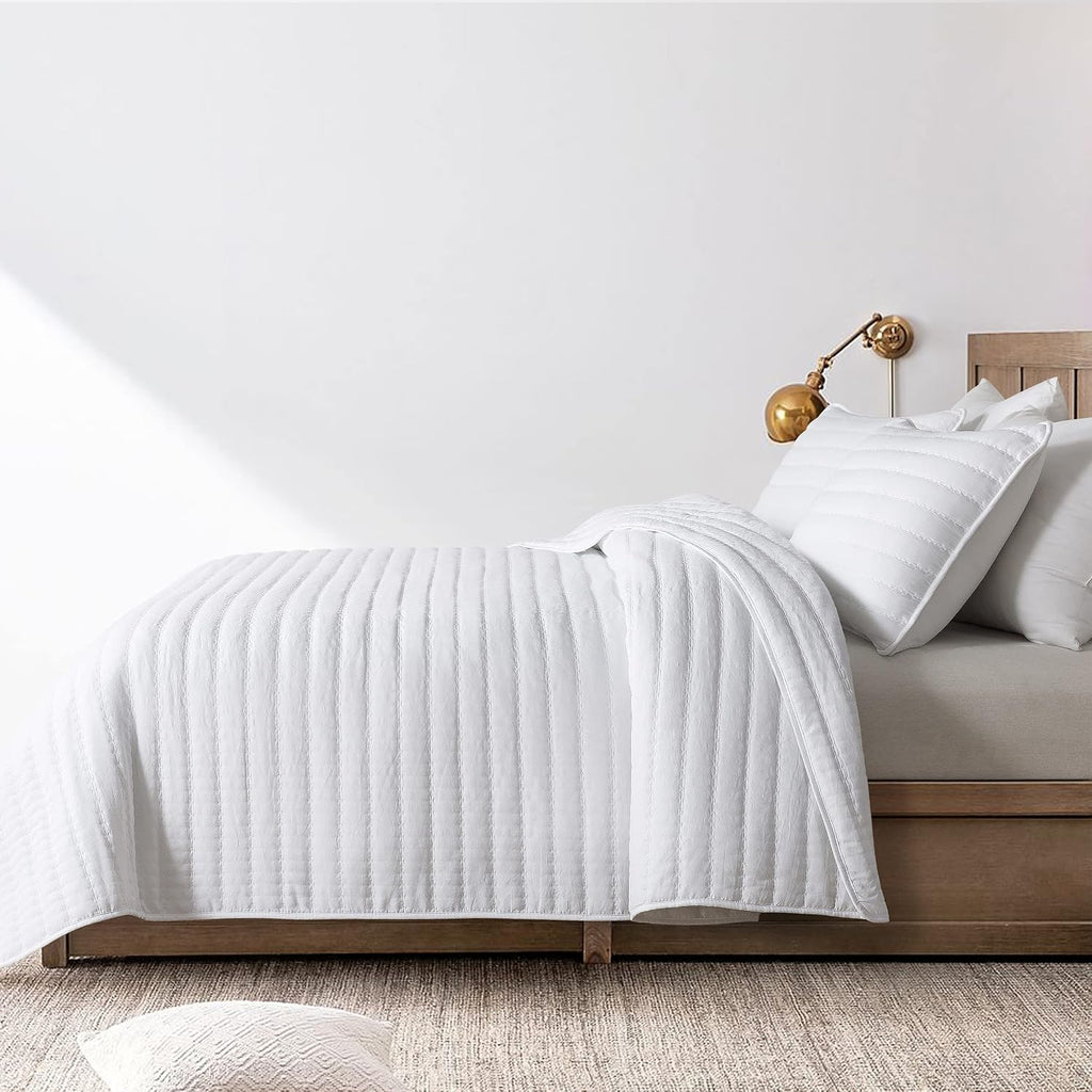 White Queen Quilt Bedding Sets with Pillow Shams, Full Lightweight Soft Bedspread Coverlet, Quilted Blanket Thin