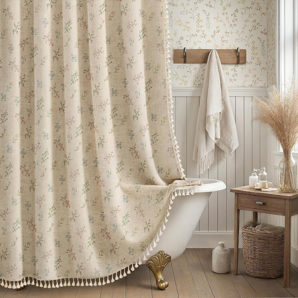 Floral Farmhouse Vintage Linen Shower Curtain, French Country Spring Shower Curtains with Tassels, 72Wx72H