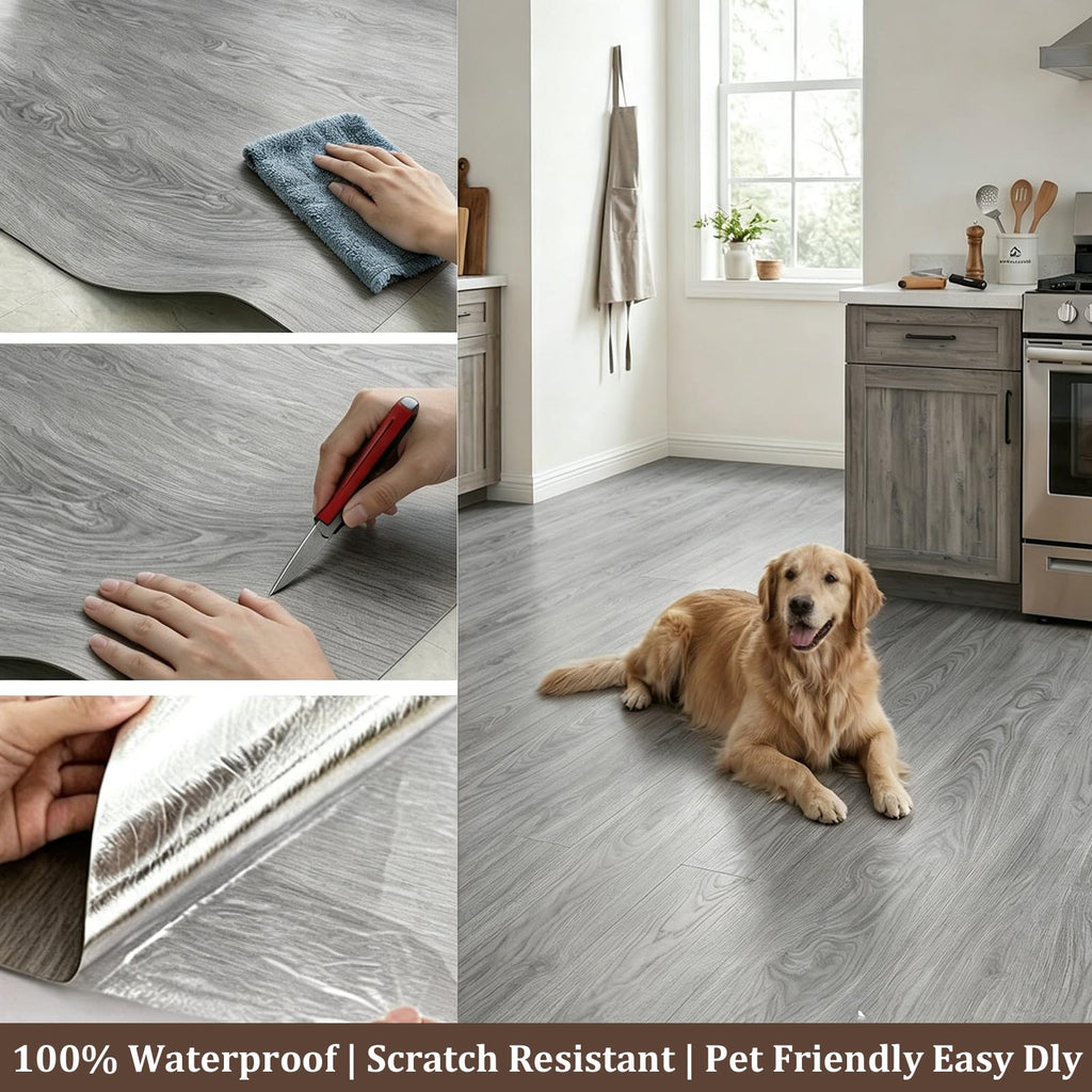 Wood Peel and Stick Tile,Waterproof Vinyl Roll Flooring (Grey)