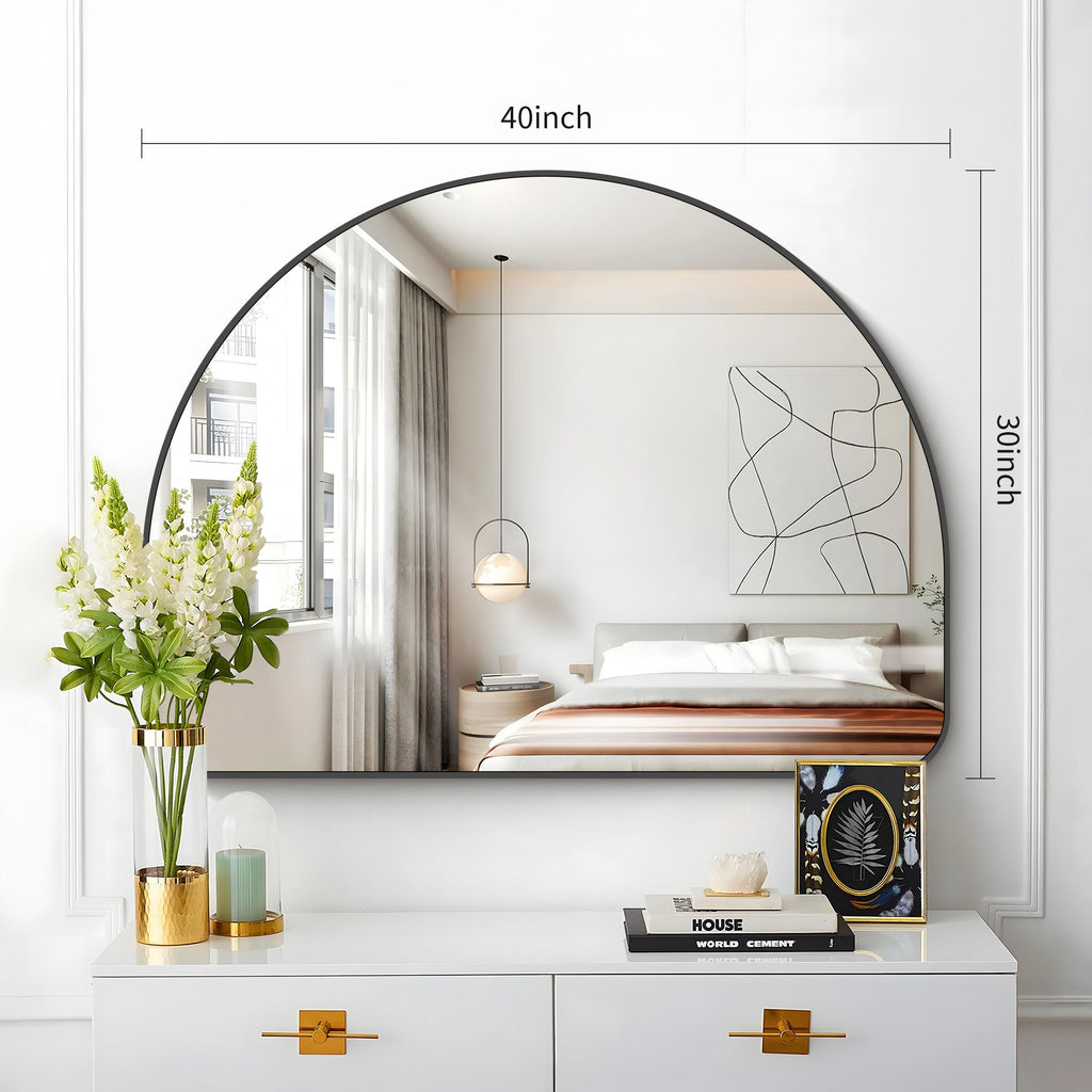 Arched Bathroom Mirror 40x30 Inch, Black Bathroom Mirror Wall Mounted Modern Aluminum Alloy Frame Arch Mirror Living