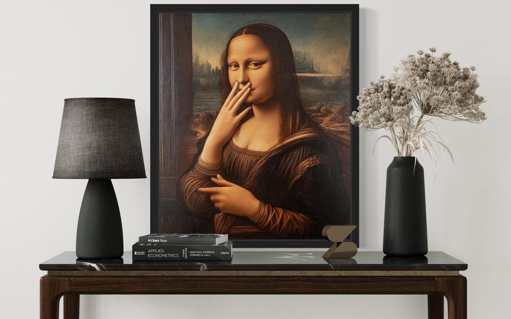 Mona Lisa Funny Bathroom Black Framed Wall Art Print Poster, Famous Celebrity Vintage Funny Classical Clothespin