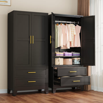 Metal Armoire Wardrobe Closet with 2 Drawers, 71" Wardrobe Cabinet with Adjustable Shelves and Hanging Rod, Clothing