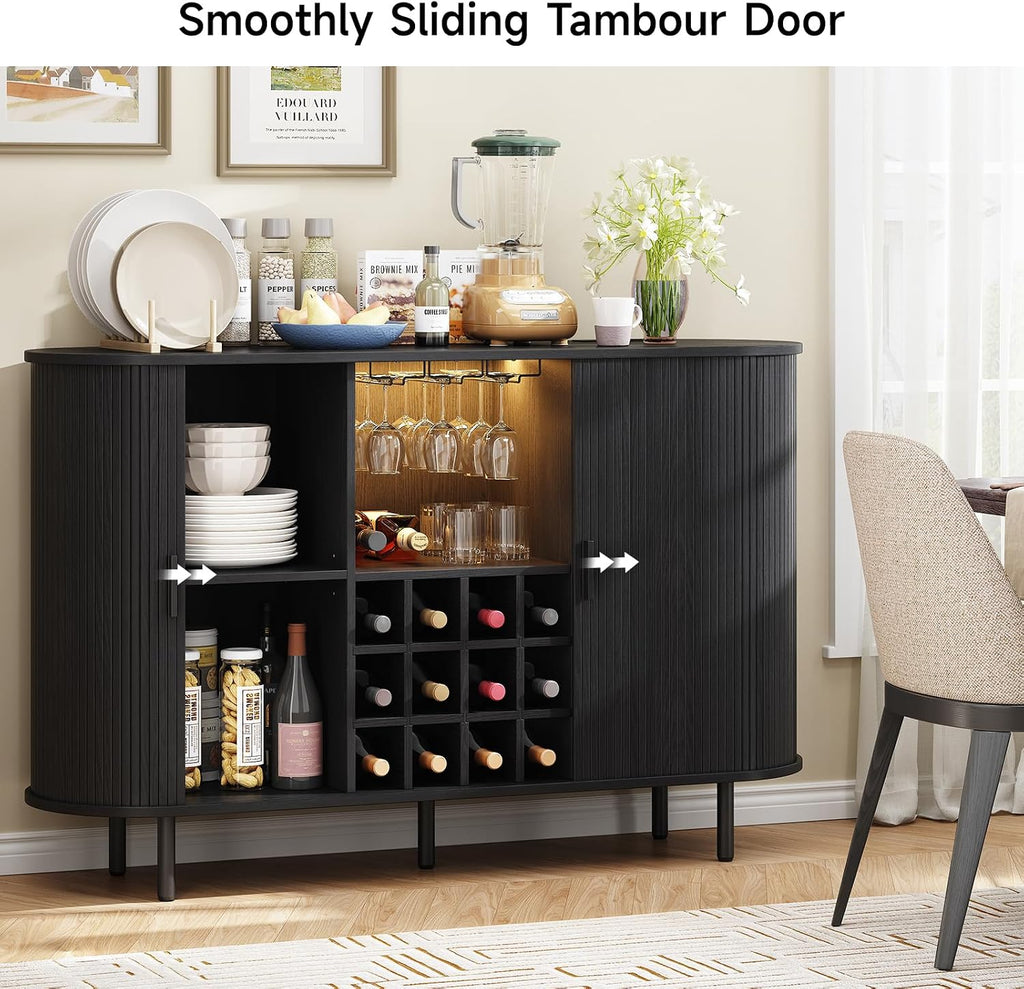 55" Fluted Wine Bar Cabinet with LED Light Black | Liquor Coffee Bar Cabinet, with Wine Rack and Glass Holder