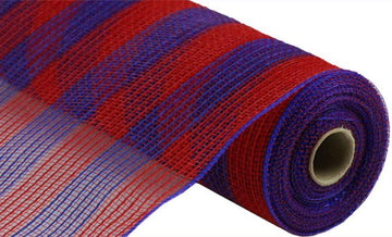 Faux Jute & Small Stripe Deco Mesh, 10.5 Inch x 10 Yards (Red, Royal Blue)