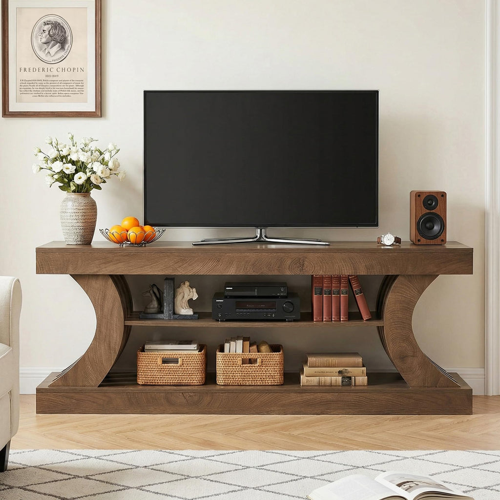 63-Inch Farmhouse Entryway Console Table with Storage, TV Console with Curved Design, Brown (Brown, 15.75" D x 63" W